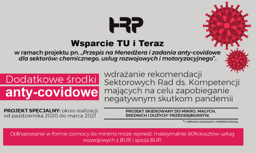 (Polski) Już wkrótce uruchamiamy nabory w projekcie pn. „Przepis na menedżera i zadania anty-covidowe dla sektorów: chemicznego, usług rozwojowych i motoryzacyjnego” (Polski) Już wkrótce uruchamiamy nabory w projekcie pn. „Przepis na menedżera i zadania anty-covidowe dla sektorów: chemicznego, usług rozwojowych i motoryzacyjnego”